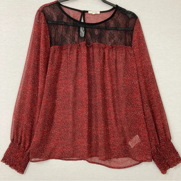 Pleione Red Black Leopard Print Lace Round Neck Sheer Blouse XL - Picture 1 of 11